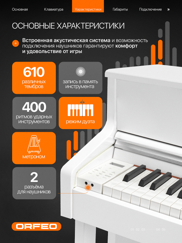 Цифровое пианино Orfeo E-12 белое, полированное, с наушниками